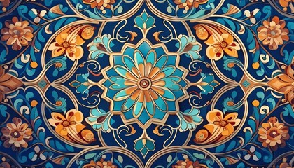 Wall Mural - ornate arabesque ceramic pattern with traditional middle eastern floral designs on blue background 