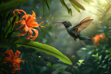 Wall Mural - Hummingbird flying next to beautiful flower