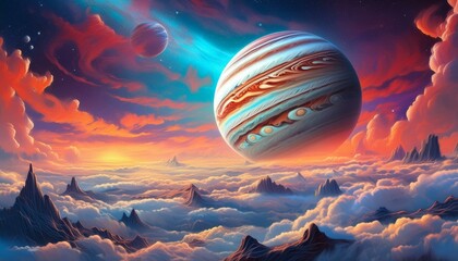 Wall Mural - surreal cosmic scene with planet Jupiter floating above vibrant cloudscapes, panoramic 