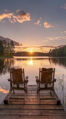 Wall Mural - Two chairs face the setting sun over a tranquil lake