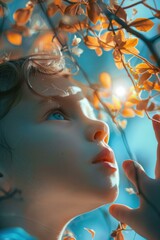 Wall Mural - A boy looking up at a tree with orange leaves. AI.