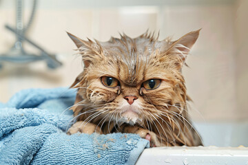 Angry wet cat after bath wrapped in pink towel with blue eyes. Pets and lifestyle concept