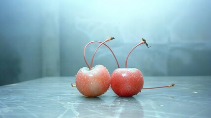 Wall Mural -   Two cherries atop a water-dotted table with a perched bird on one cherry