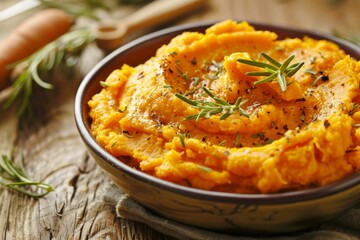 Mashed sweet potatoes seasoned with fresh herbs and spices are a delicious side dish