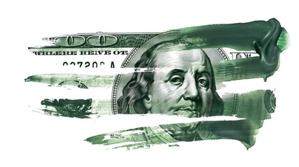 A smear of green paint on a dollar. Currency money financial concept. Transparent background or PNG file.