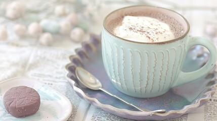 Wall Mural -   A cup of hot chocolate on a saucer with a spoon nearby on a plate