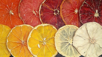 Wall Mural -   A pair of halved oranges and grapefruits sit on a dark background, surrounded by more of the same fruit