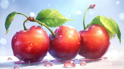 Wall Mural -   Three cherries on a table, with water droplets below and a blue sky above