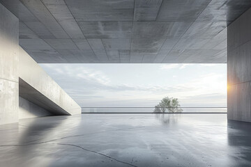 3d visualization of sleek modern architecture with a blank concrete floor for vehicle display