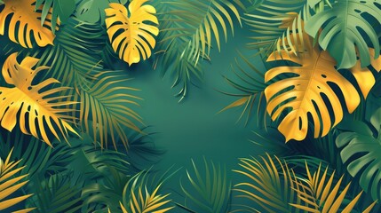 Wall Mural - Tropical and palm yellow and green leaves. Minimalistic summer abstract pattern in the jungle or forest.