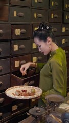 Wall Mural - Vertical shot of young Asian female healer taking dried ingredients out of drawer at herbal medicine pharmacy