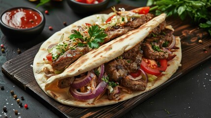 Poster - Wooden tray presentation of doner kebab or pita sandwich