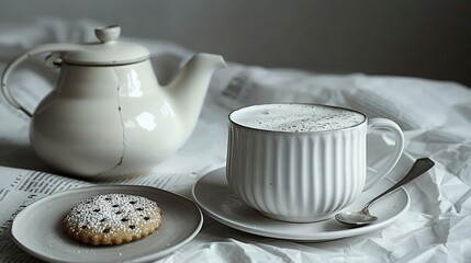 Wall Mural -   A cup of coffee, pastry, and teapot on a tablecloth