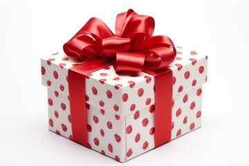 Elegant white gift box adorned with a vivid red ribbon and heart pattern on a white background