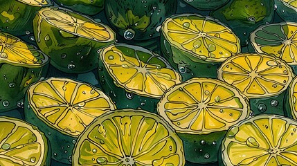 Wall Mural -   A painting featuring Lemons on a lush green background with water droplets adorning their peaks