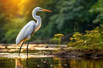 Wall Mural - Great egret stands gracefully by the water's edge, bathed in the warm sunset light