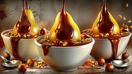 Wall Mural -   Three bowls of chocolate pudding with pears and nuts on a table with spoons next to them