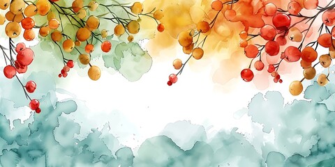 Wall Mural - Watercolor autumn berries frame with copy space