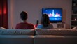 © abu - Back view of adult couple watching TV at home while sitting on sofa, night time,