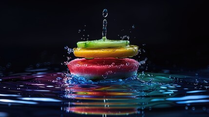 Fresh pieces of tropical fruit fall into the water forming splashes on a dark background.