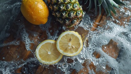 Wall Mural - Refreshing Summer Fruit Composition with Pineapple, Lemon, and Ice Cubes