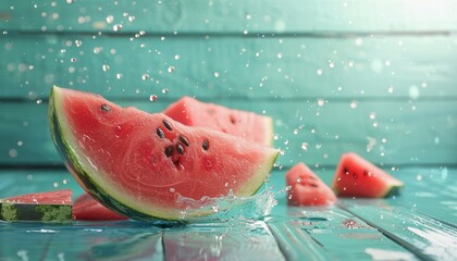 Wall Mural - Refreshing Summer Composition with Whole and Sliced Watermelon on Rustic Blue Background