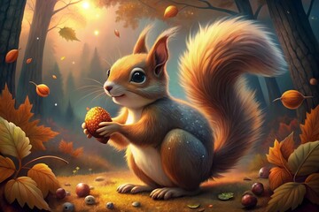 Wall Mural - A curious squirrel finds a treat in the autumn forest