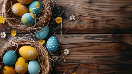 Wall Mural - Colorful Easter eggs and straw baskets on wooden table from above