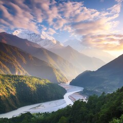 Colorful landscape with high Himalayan mountains, beautiful curving river, green forest, blue sky with clouds and yellow sunlight at sunset in summer in Nepal. Mountain valley. Travel in Himalayas