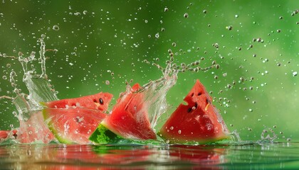 Wall Mural - Action Shot of Watermelon Chunks Splashing in Water