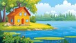 © BERIVAN - Cartoon illustration of a yellow house on a riverbank.