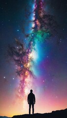 Man enjoying the bright, starry sky on a lonely mountain hike