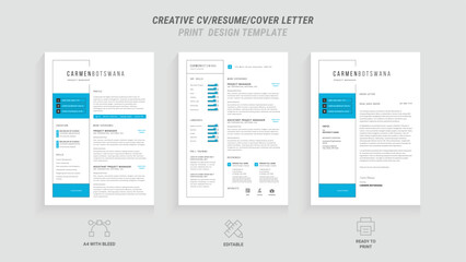  Professional Resume and Cover Letter Template Set, Clean Minimalist Design with Turquoise and Blue Border, Perfect for Job Applications and Portfolios, Includes Resume Layout and Letterhead Design