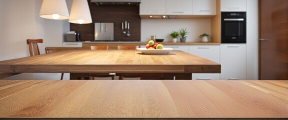 Wall Mural - Bright and clean interior design featuring a wooden table top in a blurred kitchen setting