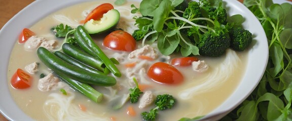 Sticker - Traditional homemade vegetable stew served in a rustic kitchen setting with fresh green herbs and tomatoes