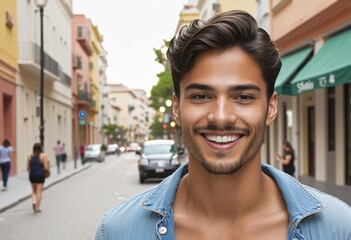 happy hispanic college student with a photogenic smile poses outdoors in casual attire