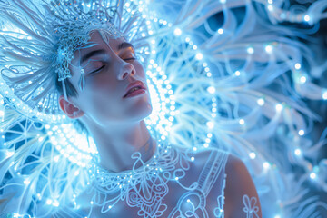 Blue and White Tarot: Hyper-Realistic Portrait of a Man in Dress and Headpiece with Glowing Light