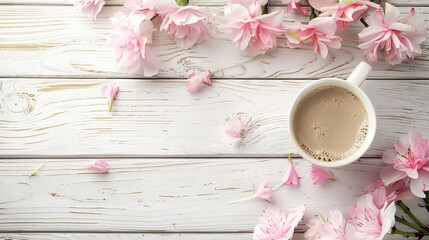 Wall Mural - White coffee cup with pink flowers on old white wooden background with space for text milk added