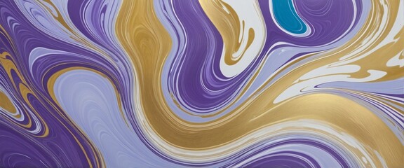 Wall Mural - Colourful marbled waves in purple, blue, and gold acrylic paint create a mesmerizing swirling design on a textured fluid surface, perfect for a vibrant art wallpaper or banner illustration