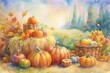 © Andrey - A watercolor harvest of pumpkins in a fall landscape