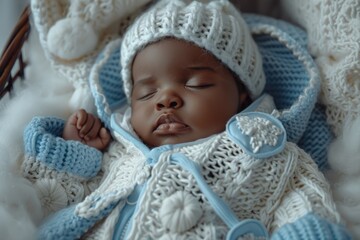 Wall Mural - Cute newborn African American wearing a knitted white cap and blue and white clothes, sleeping peacefully in a stroller, highlighting the softness and innocence of infancy.