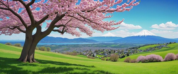 Wall Mural - Illustrated countryside scene featuring a vibrant cherry blossom tree on a sunny day with green meadows and mountains in the background