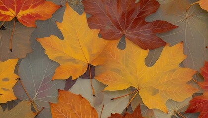 Wall Mural - Floral Autumnal Leaves Macro Wallpaper: A vibrant and detailed illustration of fallen autumn foliage in yellow, orange, and red hues, creating a beautiful and abstract background texture