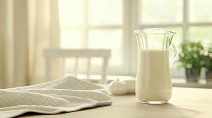 A pitcher and two glasses of eggnog are arranged on a white wooden table, with a checkered napkin underneath them and a sprig of pine needles to the side