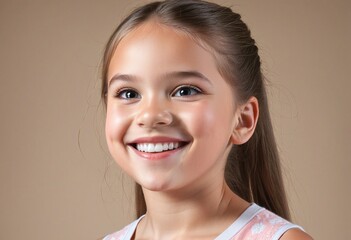 Wall Mural - A hilarious photo portrait of a cheerful brunette girl with a funny expression and a big smile, posing in a studio setting with blonde hair and clean teeth