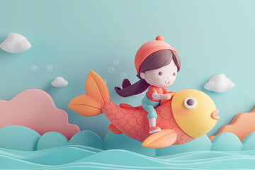 Sticker - Girl  in the sea with fish, pastel colors, minimal concept