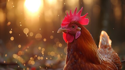 Close-up portrait of a majestic red rooster basking in the warm glow of sunset light. The bird’s detailed features are highlighted against a soft bokeh background.