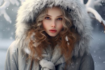 Poster - Elegant young woman with captivating gaze, dressed in a winter coat with fur hood, amidst gentle snowfall