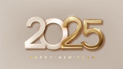 Wall Mural - 2025 happy new year design with realistic gold metal number. premium christmas festive vector design