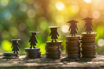 Illustrating career advancement and growing salaries: graduates standing on towering coin stacks